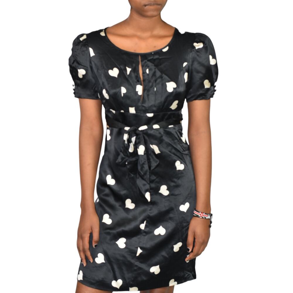 Betsey Johnson Silk Heart Print Dress Black Satin Open Back Mini Puff Sleeve XS